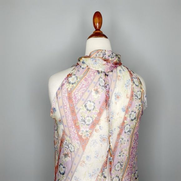 DREW Silk chiffon Multicolor Paisley Pussy Bow Tie Neck Snap Back Tank Size XS - Picture 8 of 10